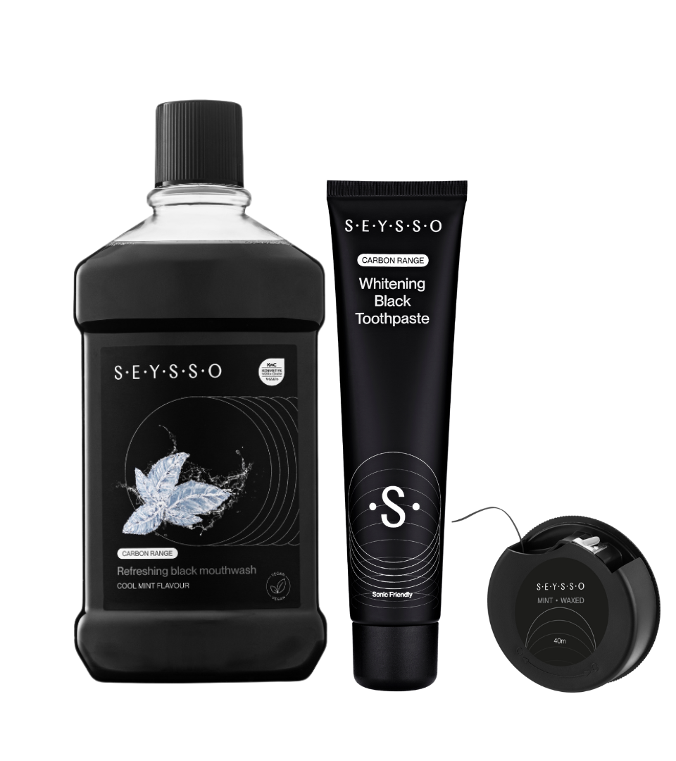Zestaw SEYSSO Carbon płyn do płukania jamy ustnej, pasta do zębów, nić dentystyczna